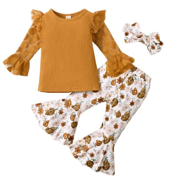 NWOT Polka Dot Mesh Flare Sleeve Printed Flare Pants & Bow Tie Headband Outfit - Picture 1 of 3